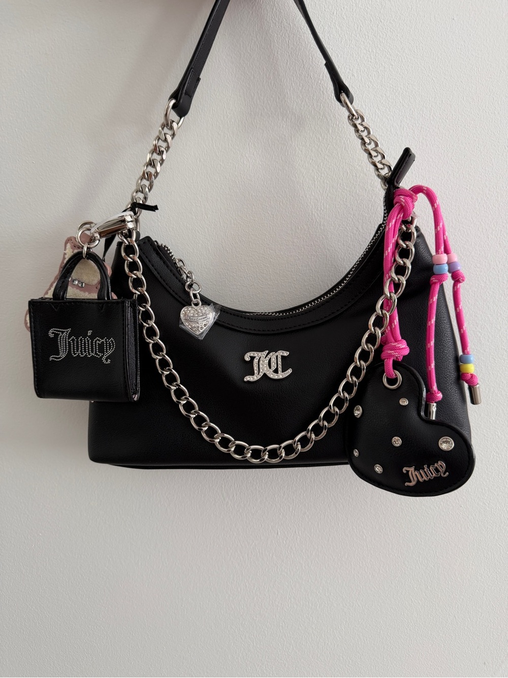Juicy Couture Black Shoulder Bag with Pink Cord Charms